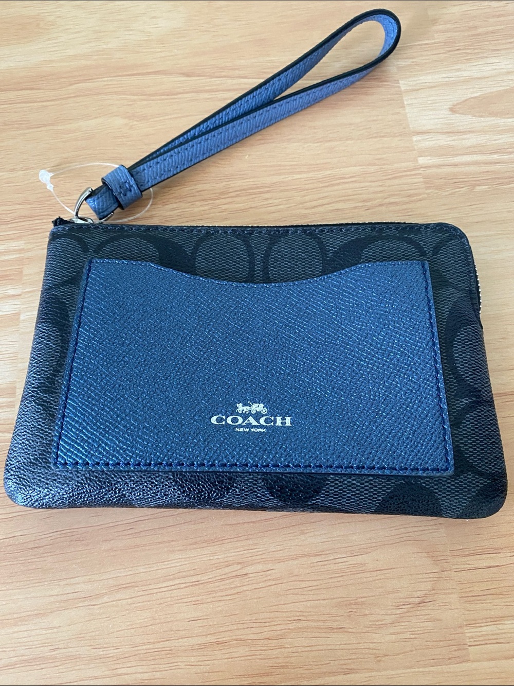 Coach Wristlet Black and Metallic Navy Card Holder Wallet Corner Zip - Picture 2 of 15